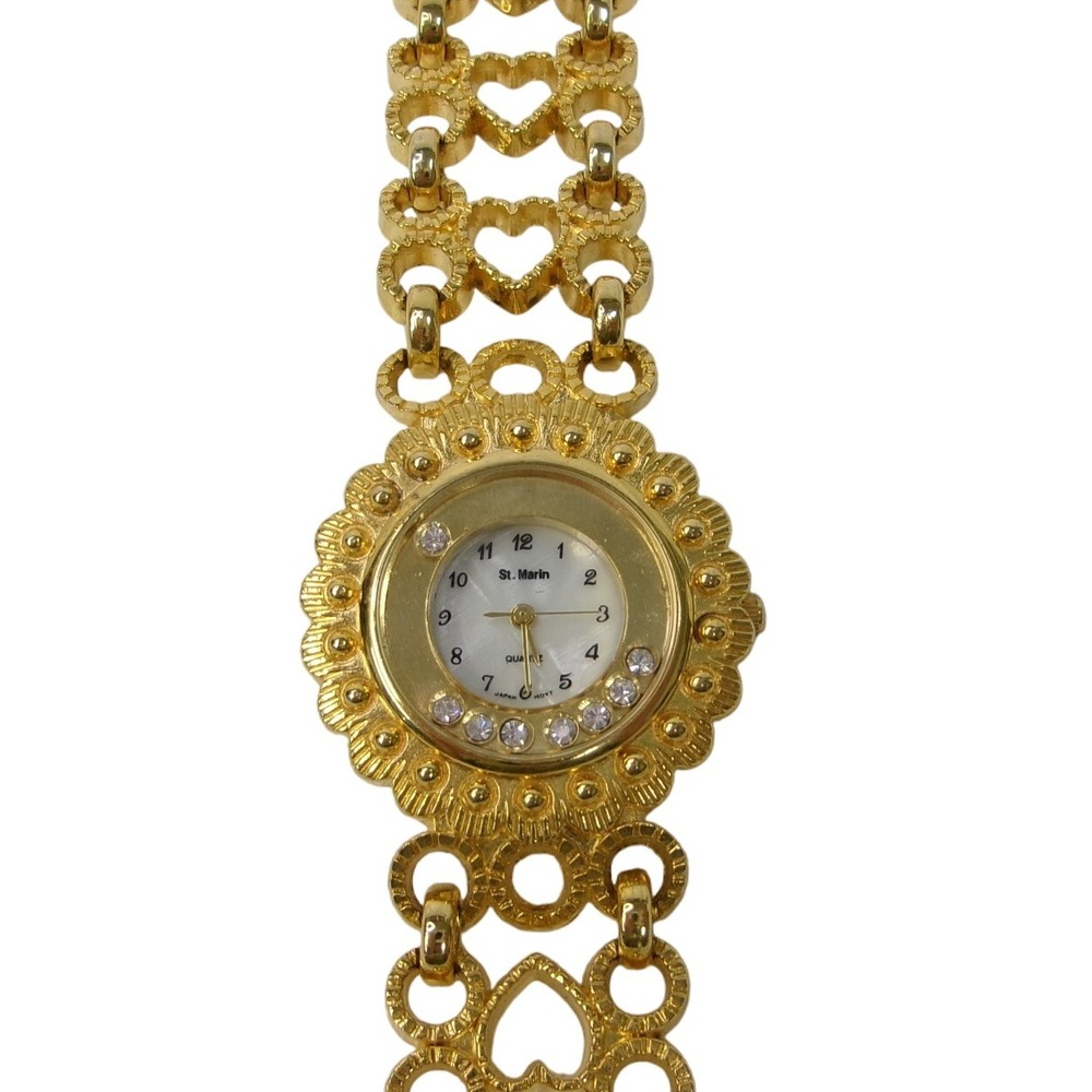 St. Marin Gold Tone Heart Link Bracelet Watch Rhinestones Women's